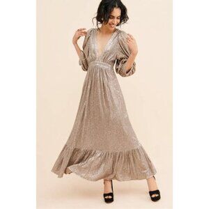 Saltwater Luxe Wren Gold Sequins Maxi Dress V-Neck Puff Sleeves NWT Size Small